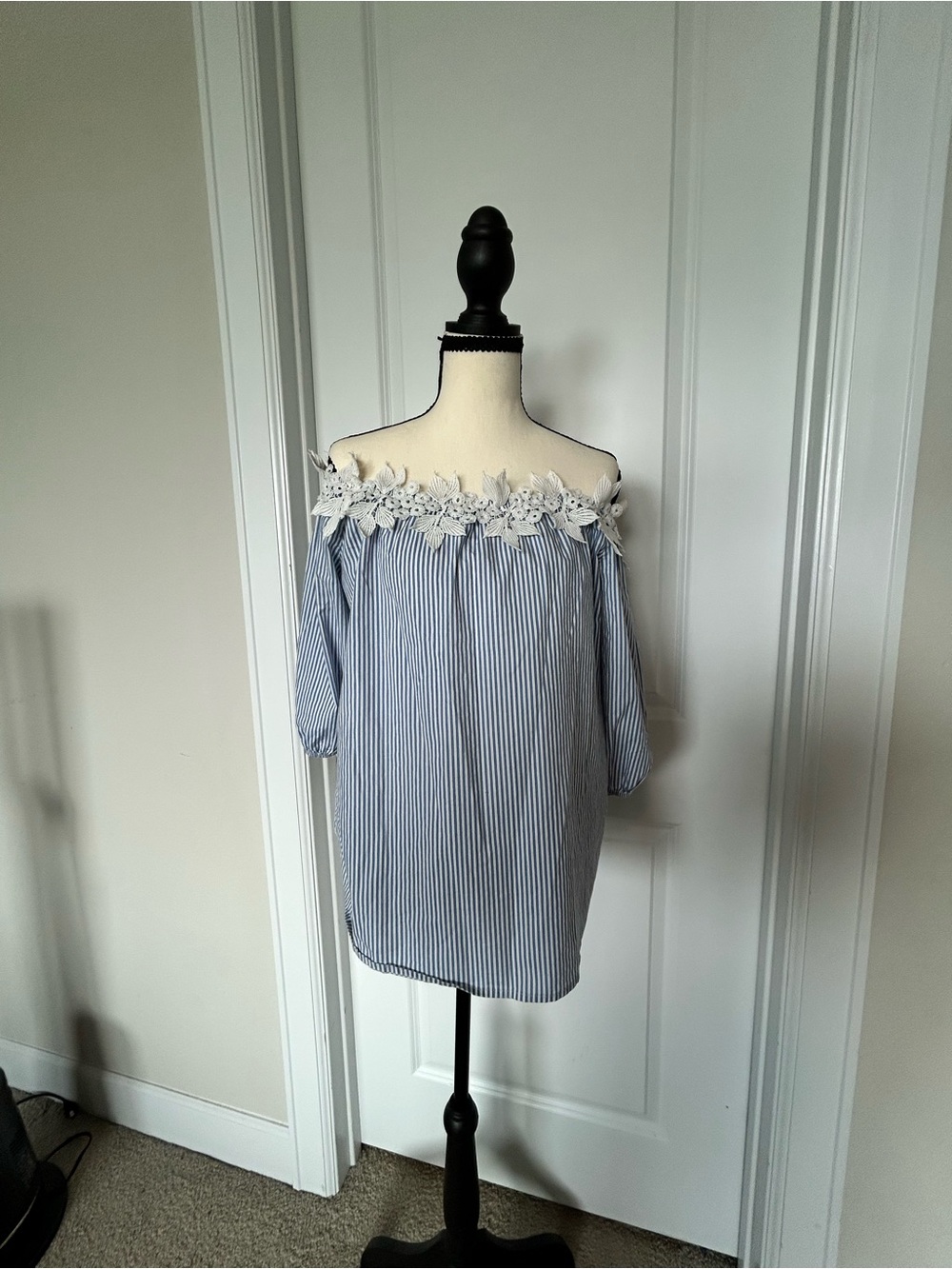 Striped Off-Shoulder Top with Lace Trim - Blue